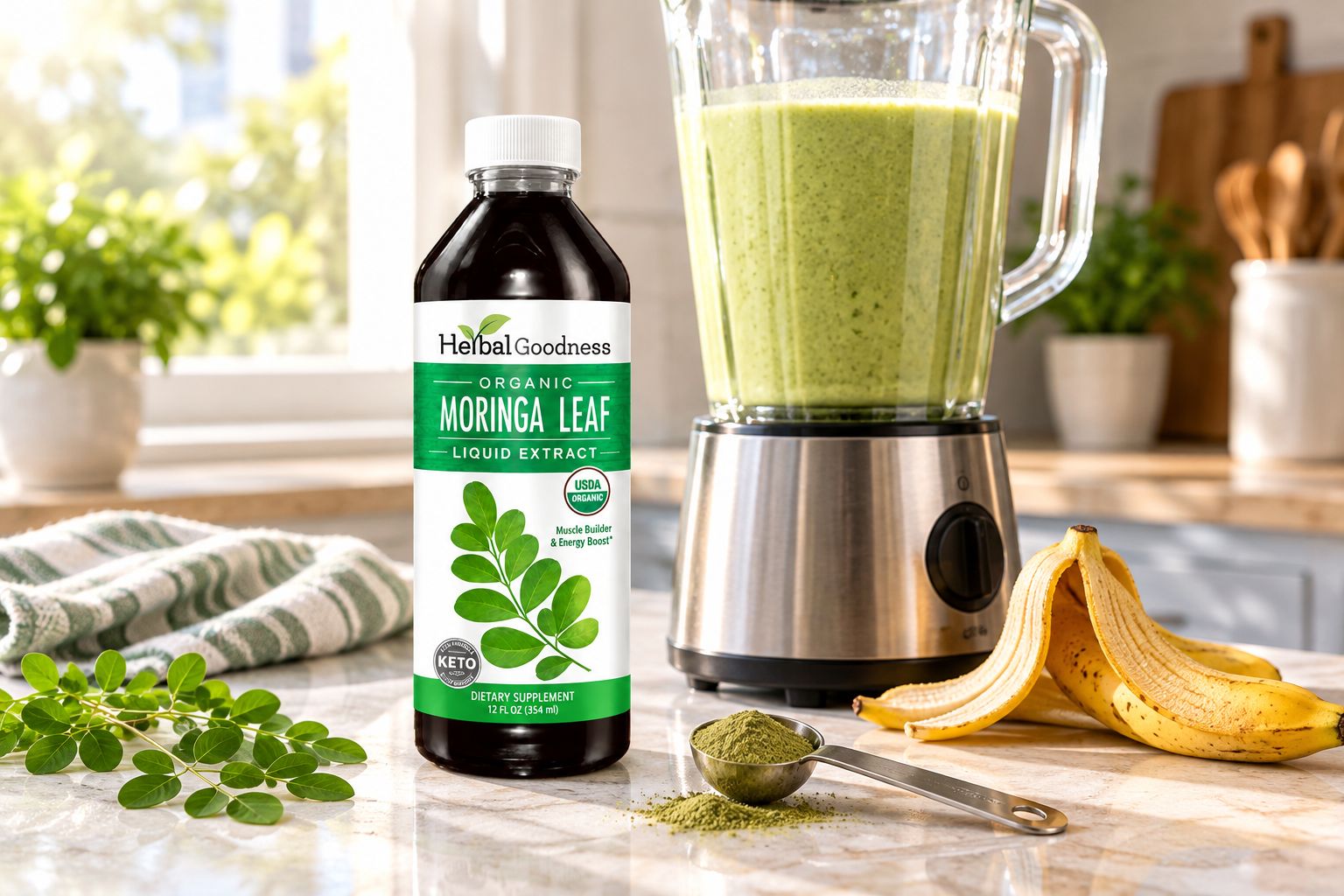 Bottle of moringa leaf extract on a kitchen counter next to a blended green smoothie