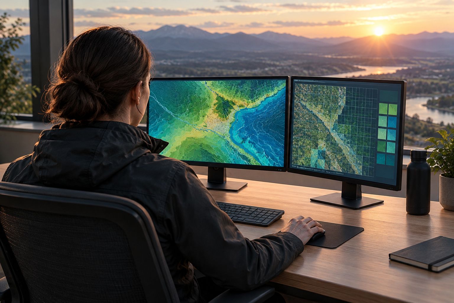 Desktop workstation with map linework on one screen and a reference grid on an adjacent screen