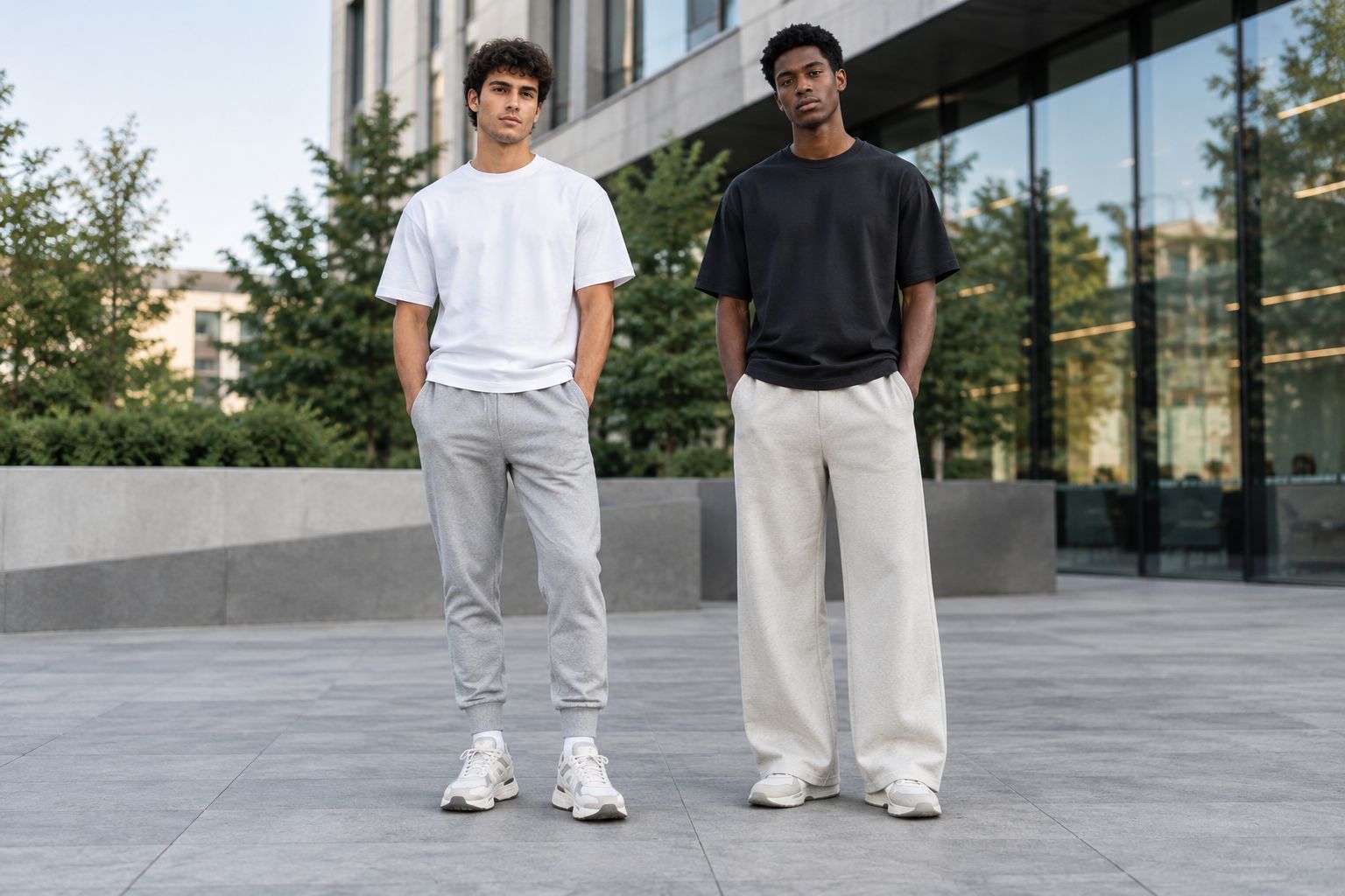 Relaxed tapered and wide-leg joggers showing different ankle shapes and lower-leg widths
