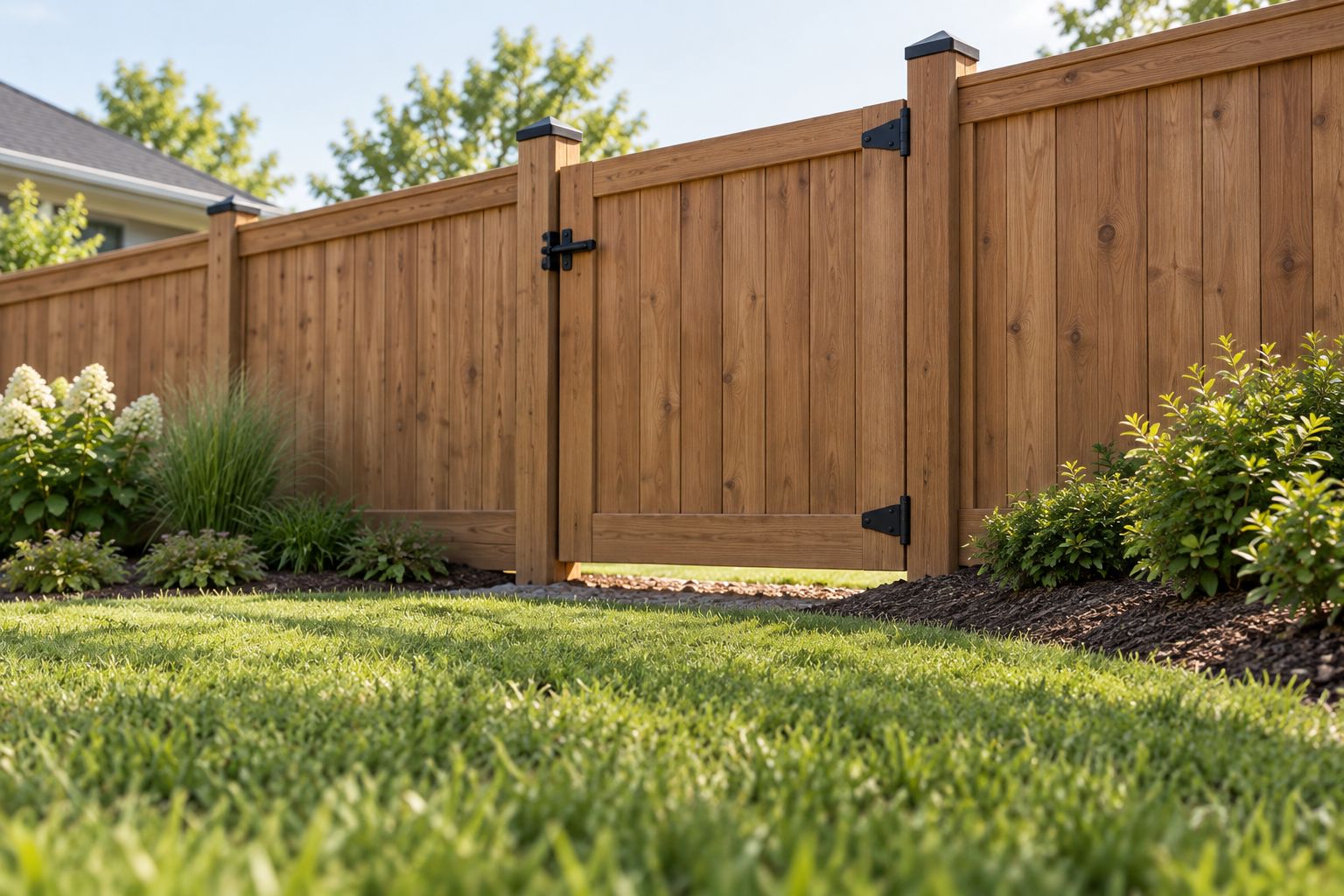Low view of a backyard fence gate and the ground line beneath it