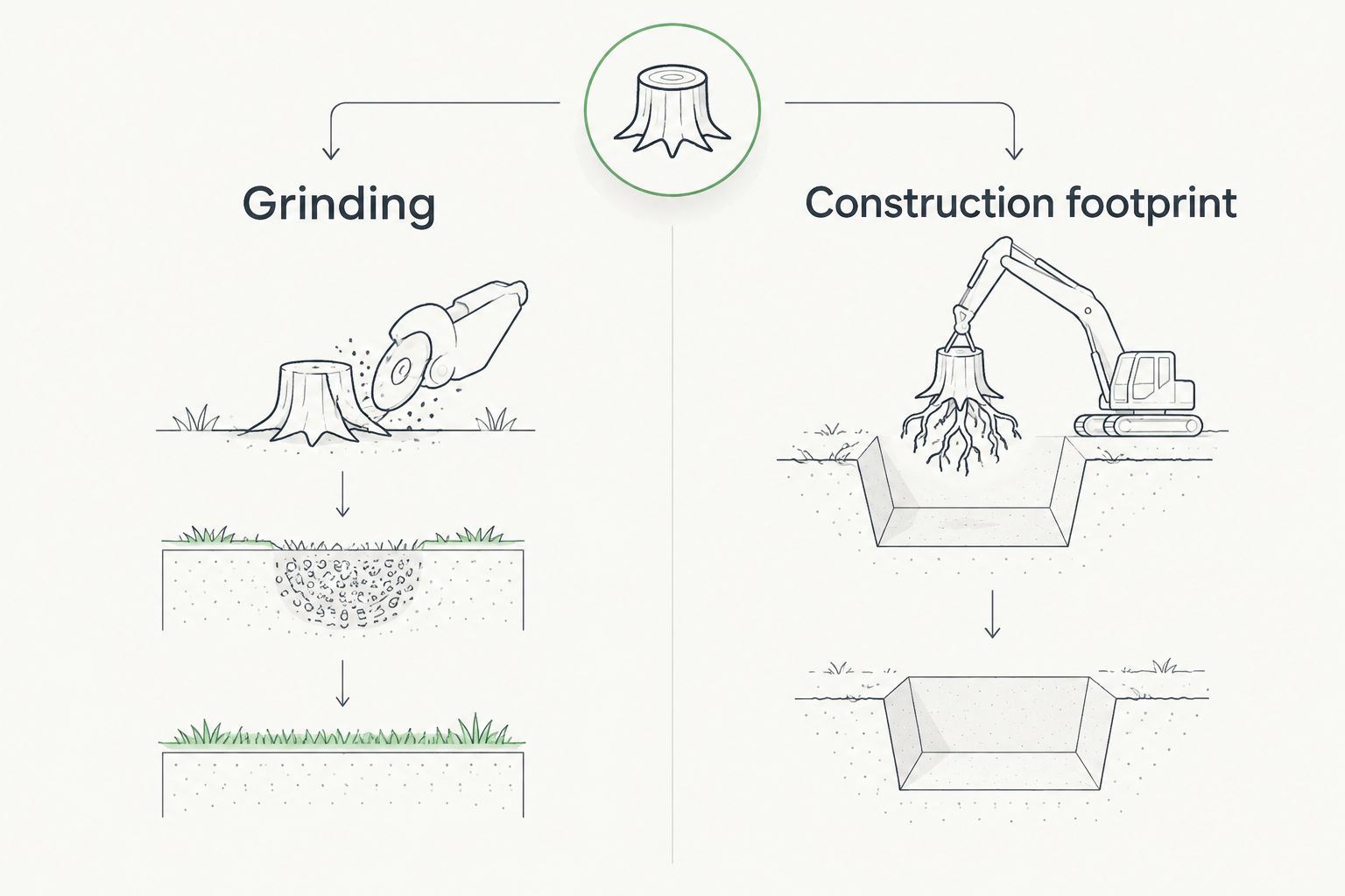 Comparison of grinding for lawn restoration and excavation for a construction footprint