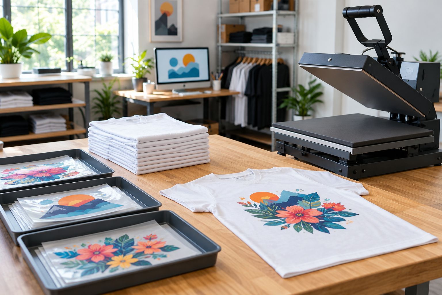 Heat press workstation with blank garments, transfer trays, and a separate finished-shirt inspection area