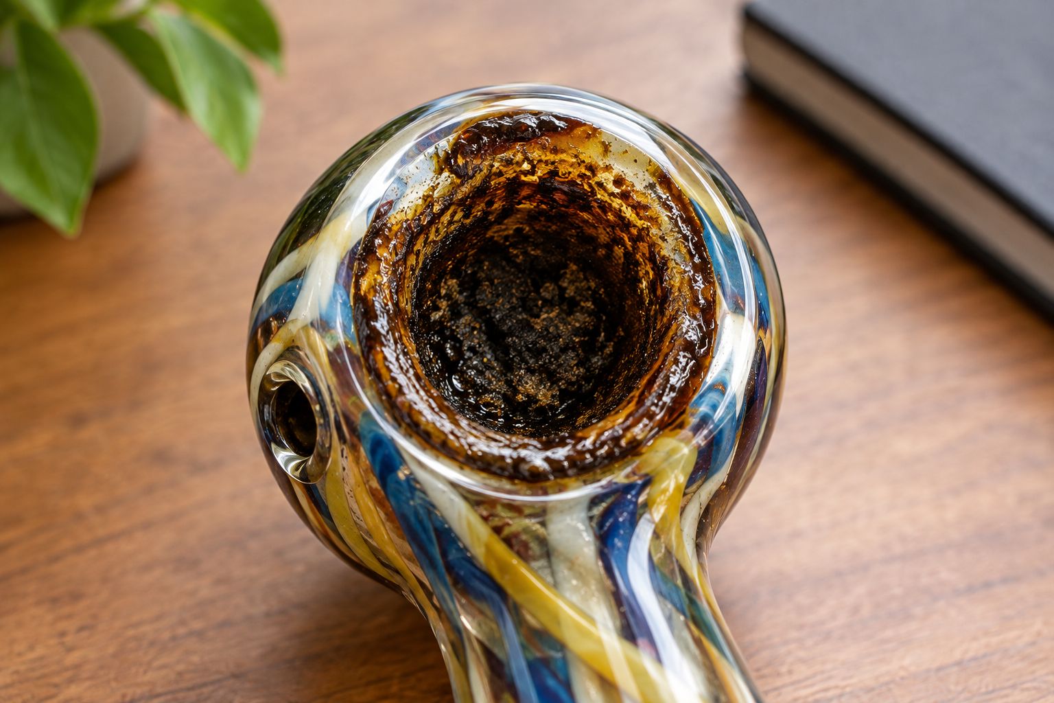 Close-up of resin buildup coating the inside of a glass pipe bowl