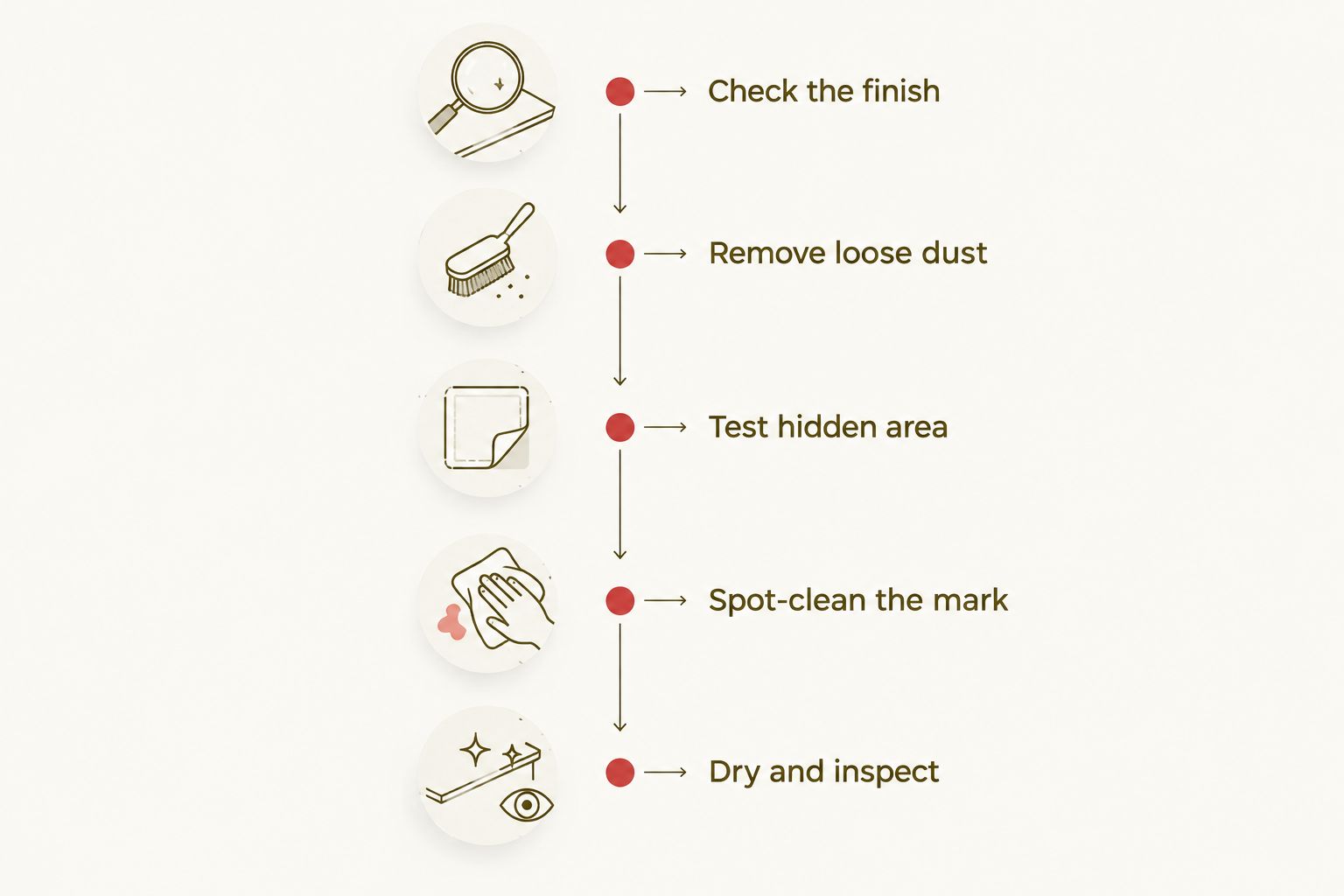 Wood panel cleaning sequence from checking the finish to drying and inspecting