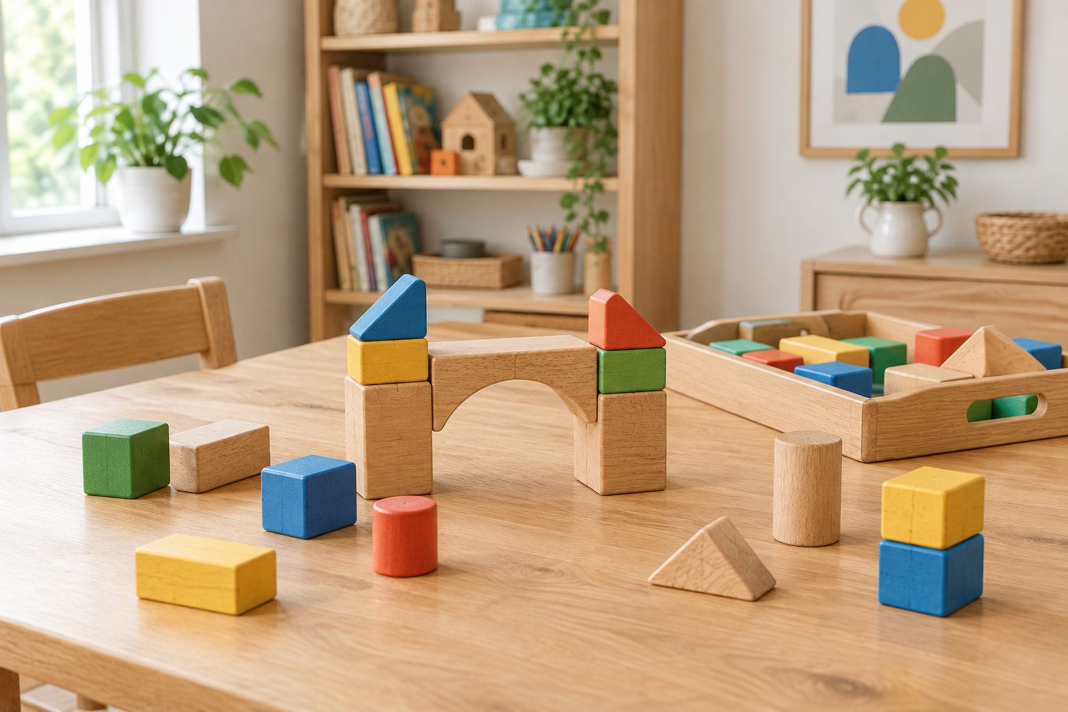 Large wooden blocks and an unfinished bridge on a clear family table