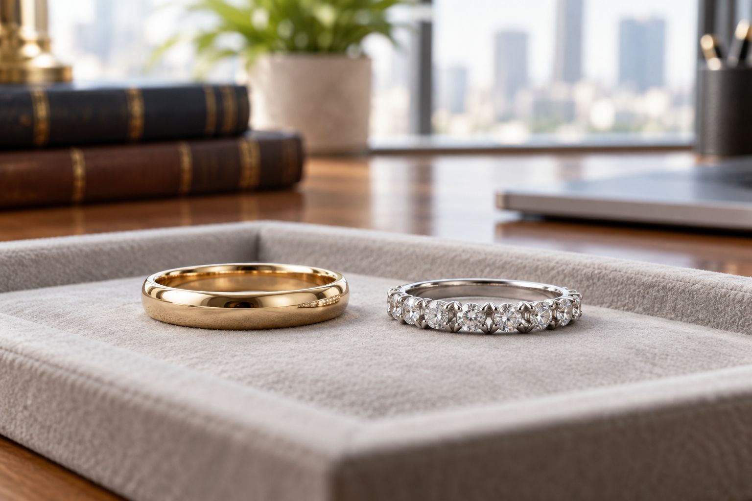 Side view of a plain rounded wedding band beside a raised stone-set band
