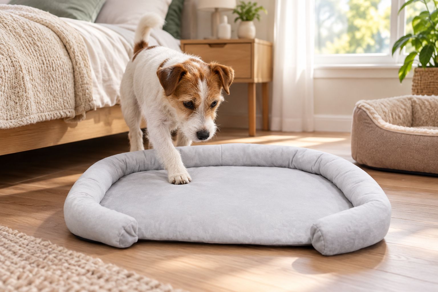 Pet Comfy Pad laid out beside a bedside pet bed for a dog