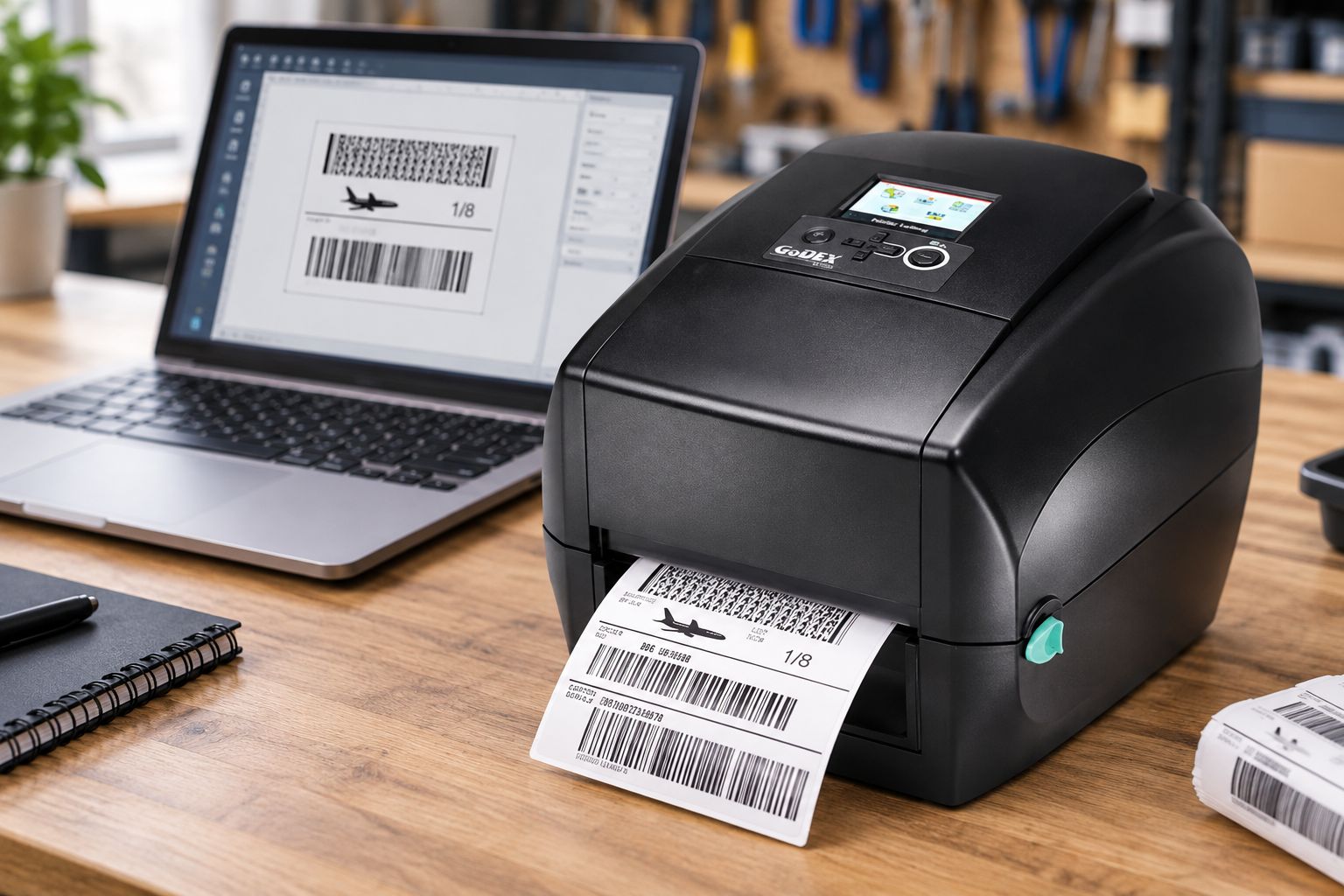 GoDEX thermal printer on a desk with a label mid-print next to a laptop