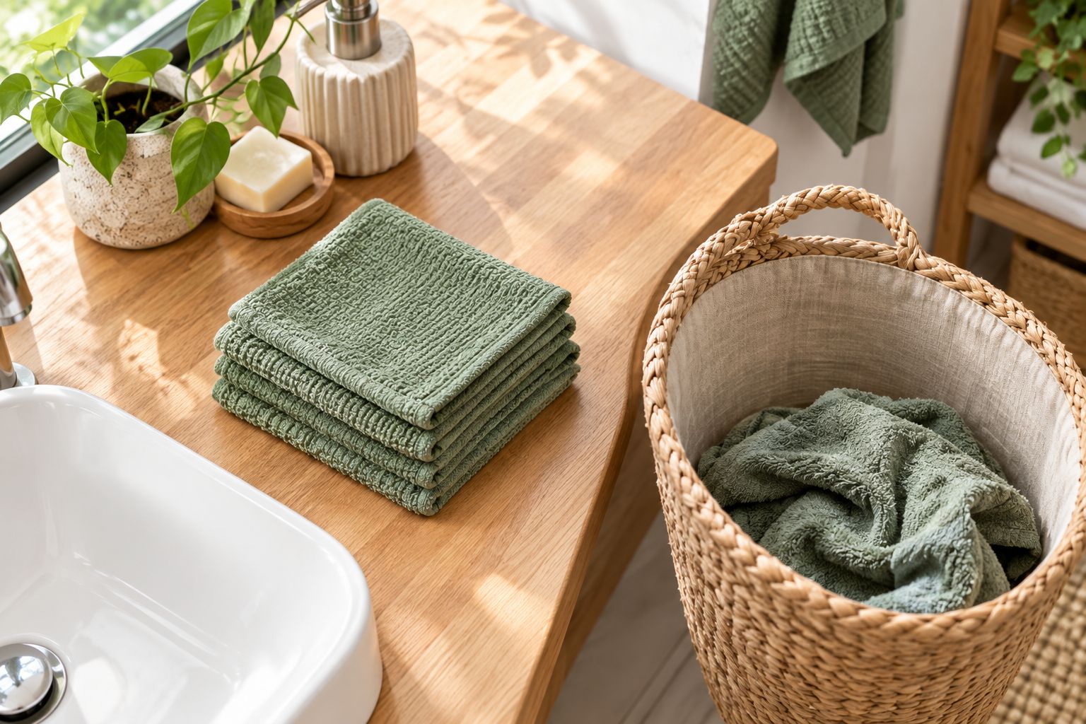 Clean washable bathroom cloths kept separate from a used cloth awaiting laundry
