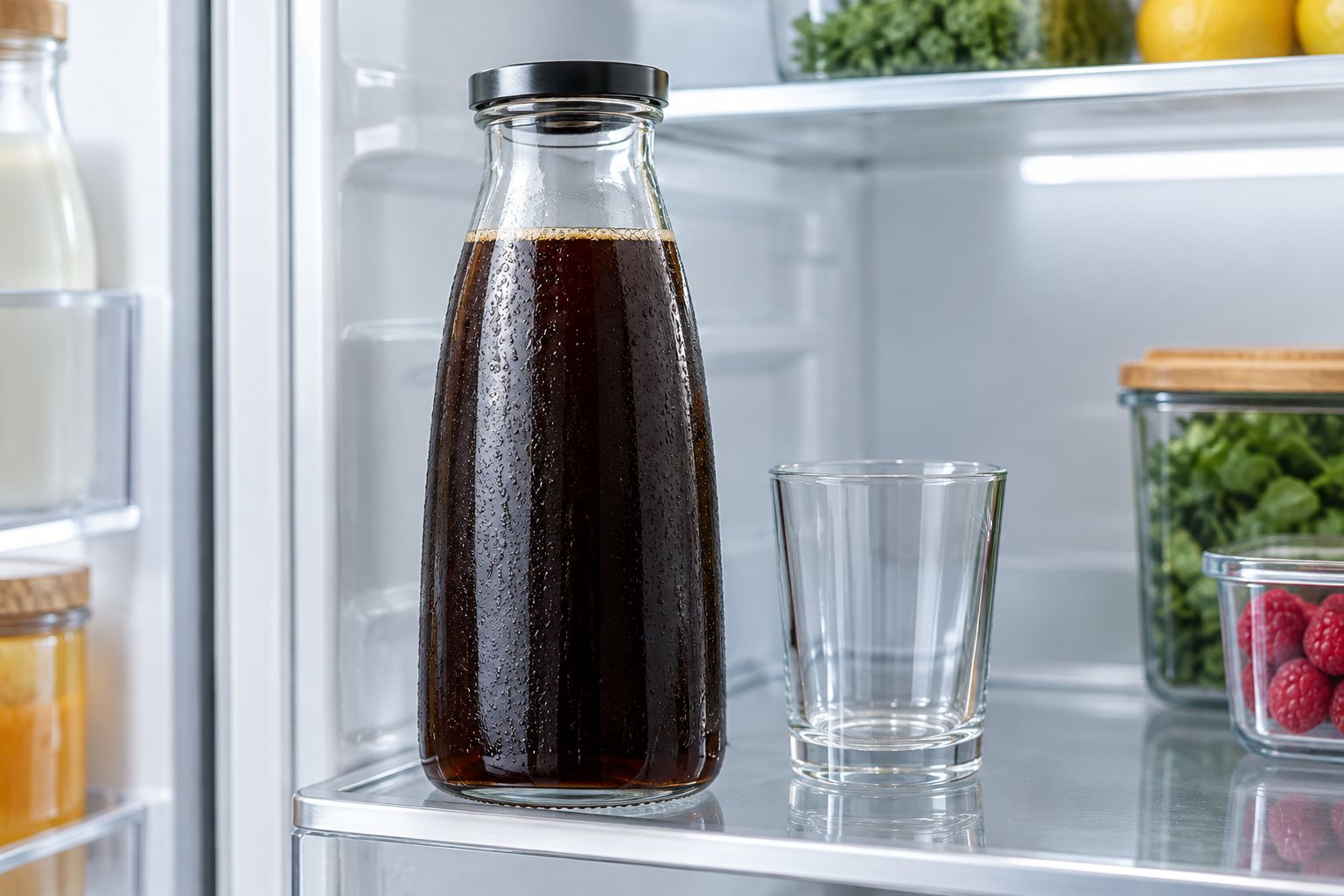 Covered glass pitcher of black cold brew stored on a refrigerator shelf.