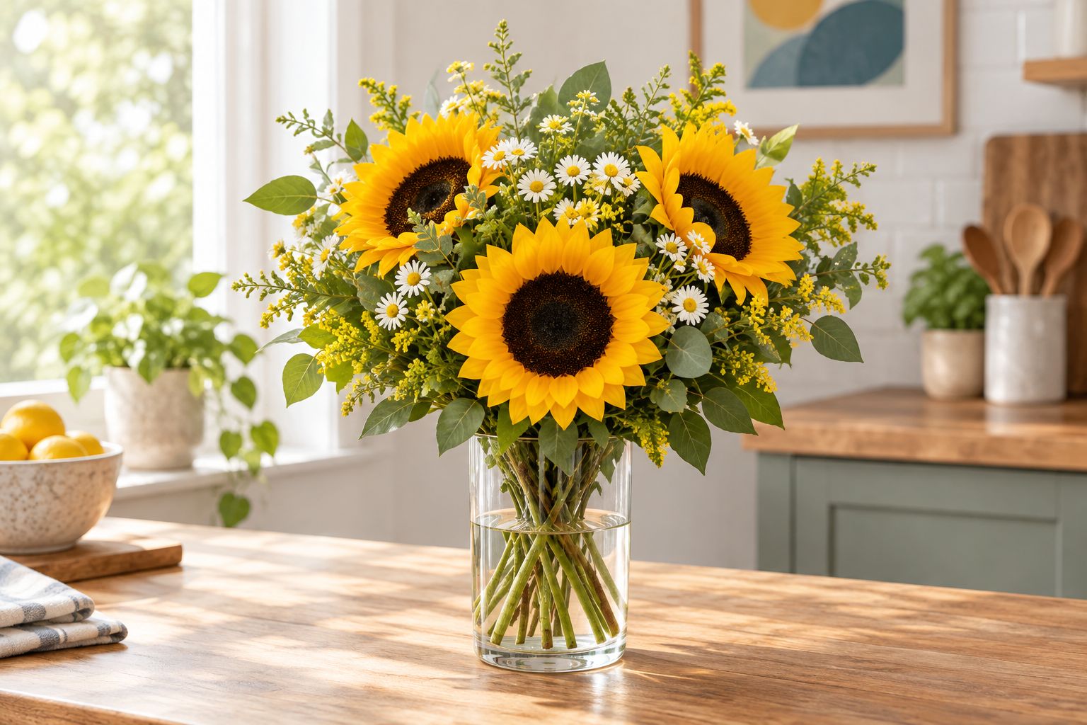Yellow sunflowers and white supporting flowers arranged with space around the sunflower heads