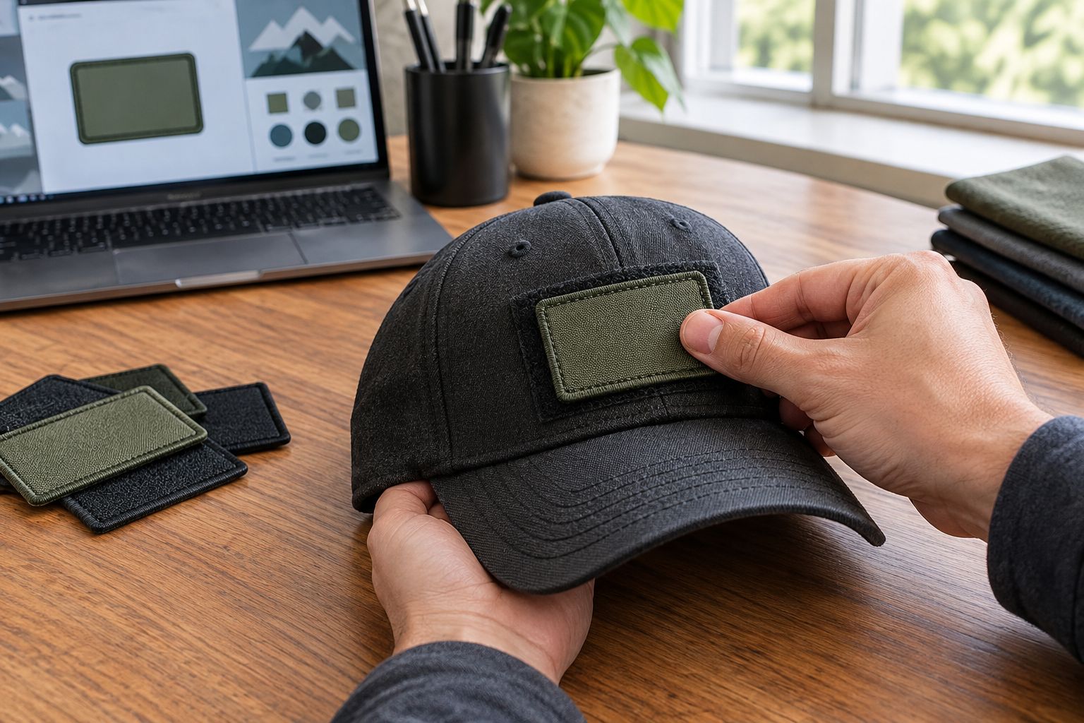 Hands mounting a rectangular patch while supporting a baseball cap crown from inside.