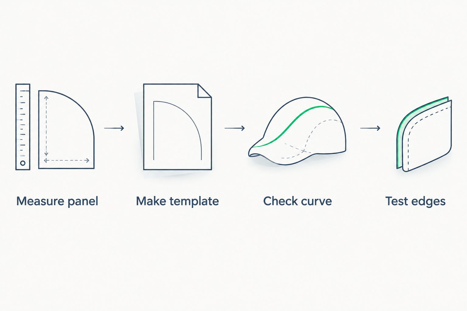 Four fitting steps: measure the panel, make a template, check the curve, and test the edges.