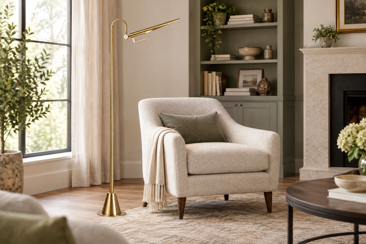 Arched floor lamp beside a reading chair in a living room