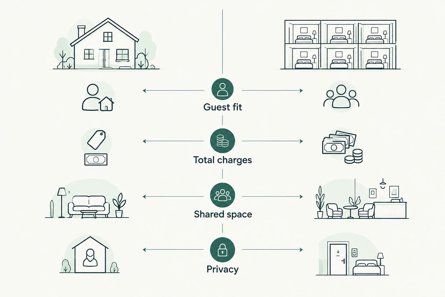 Side-by-side checklist for comparing a private house with multiple hotel rooms