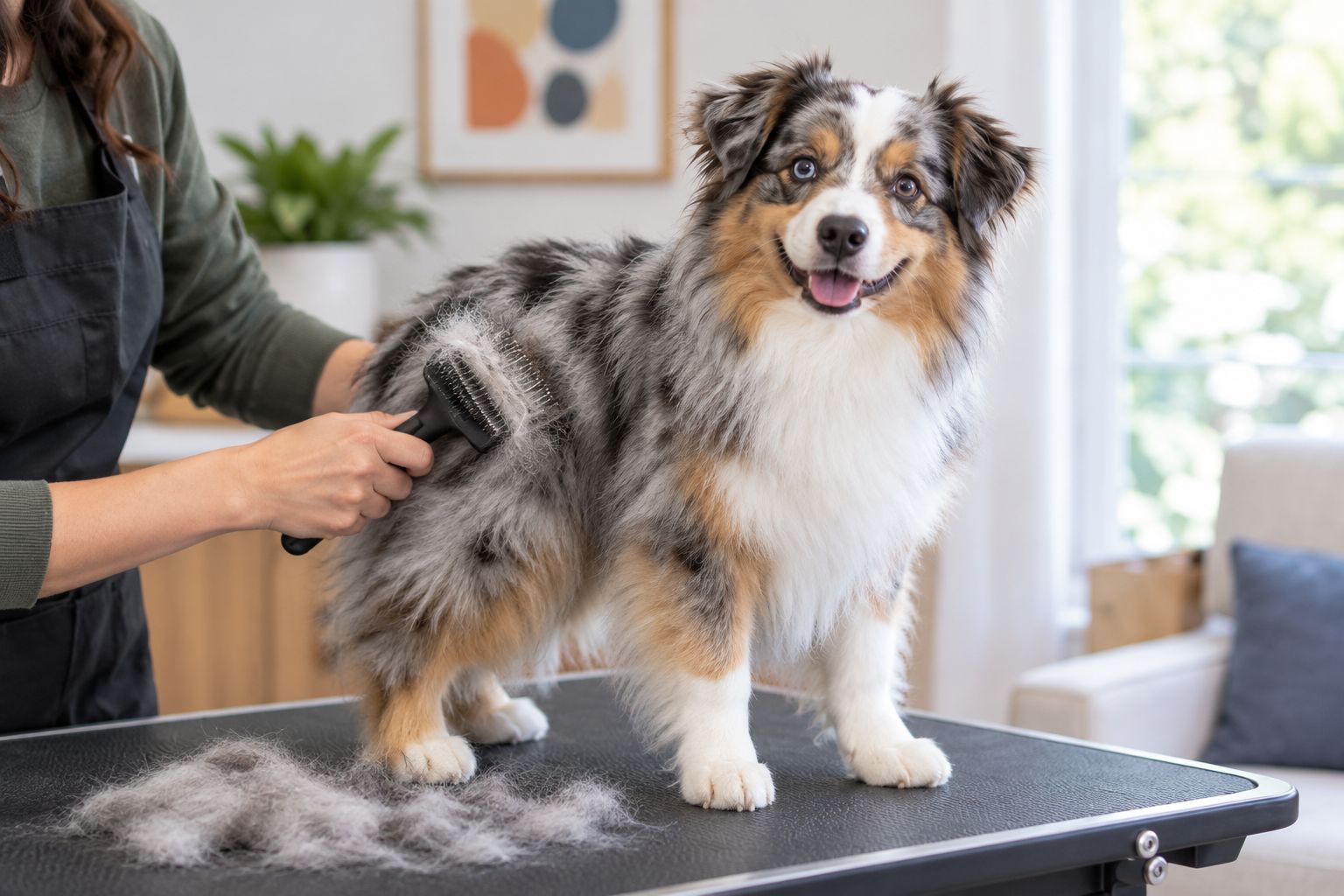 Toy Australian Shepherd being brushed with an undercoat rake on a grooming table