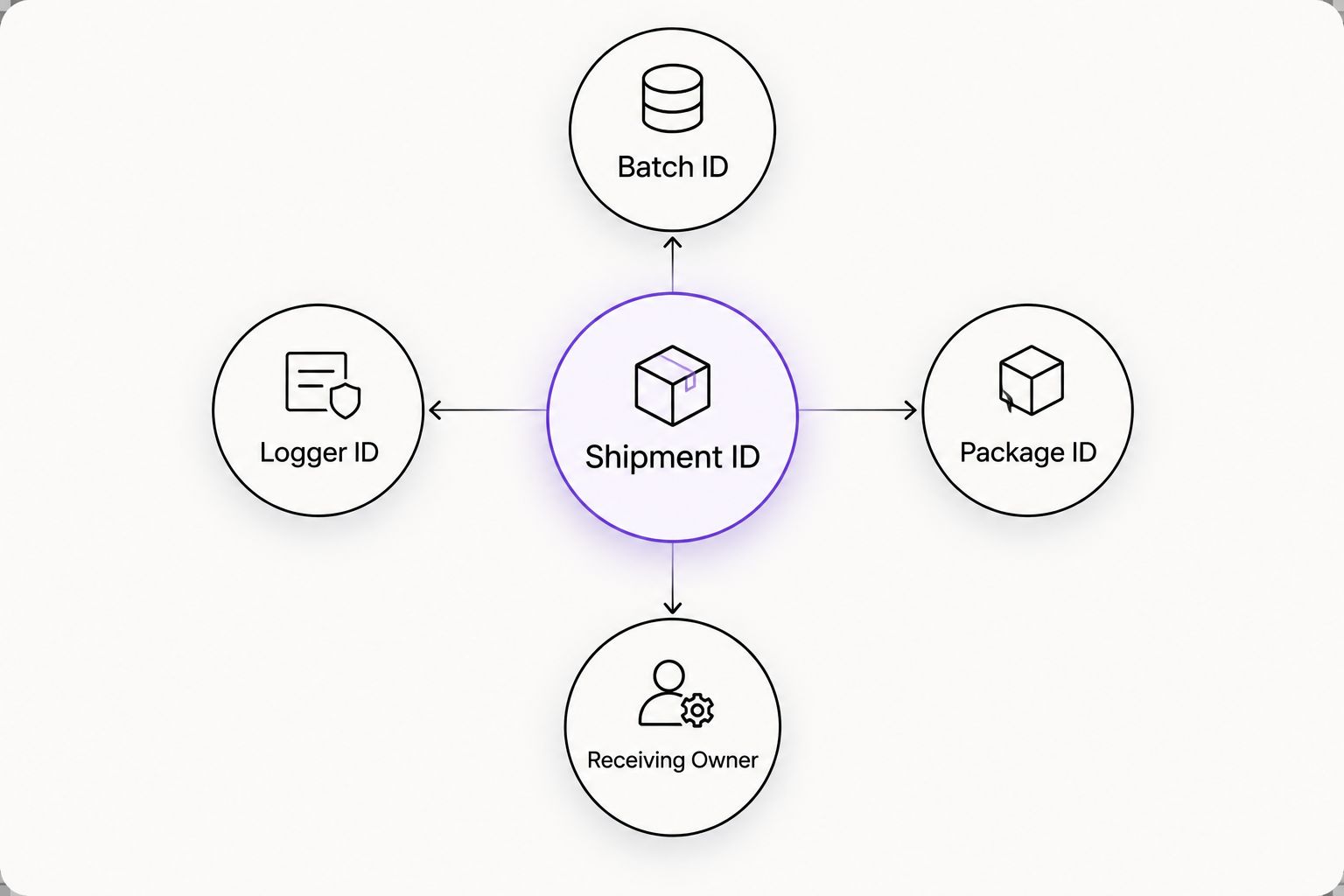 Shipment identifier connected to batch, logger, package, and receiving owner