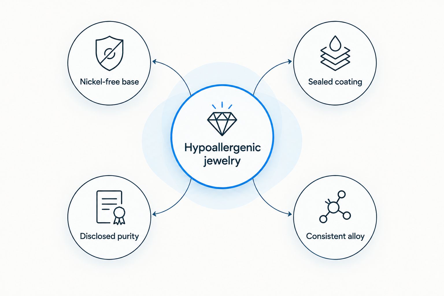 Diagram showing four criteria that make jewelry hypoallergenic