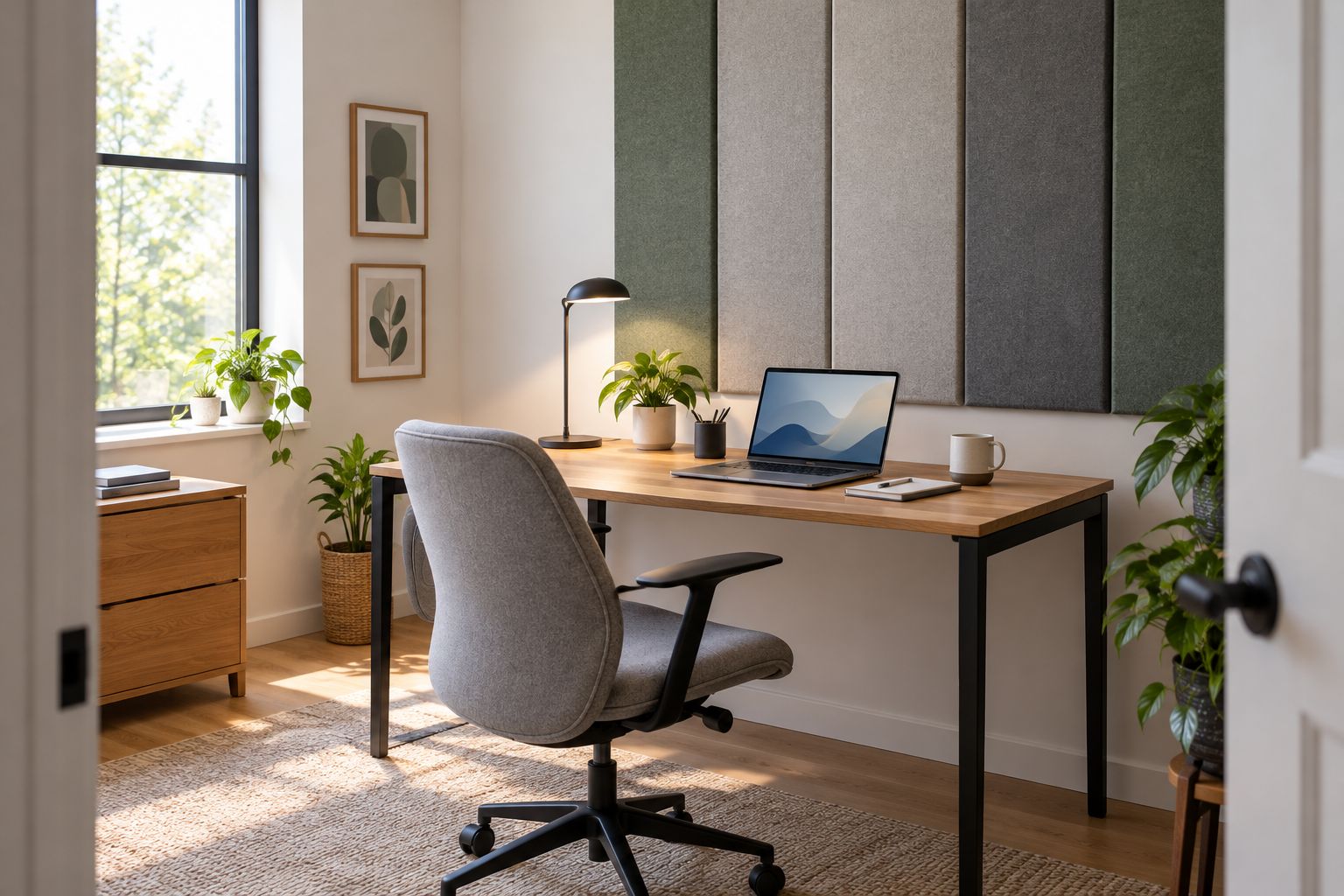 A home office with a desk and generic acoustic wall treatment