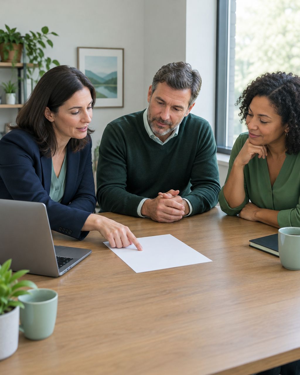 AI-generated illustration of a sales consultant and two business buyers reviewing a proposal together.