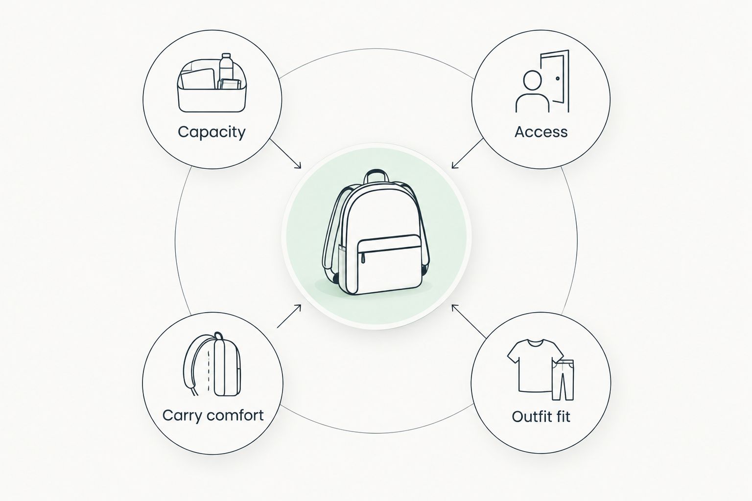 Four everyday handbag criteria: capacity, access, carry comfort and outfit fit