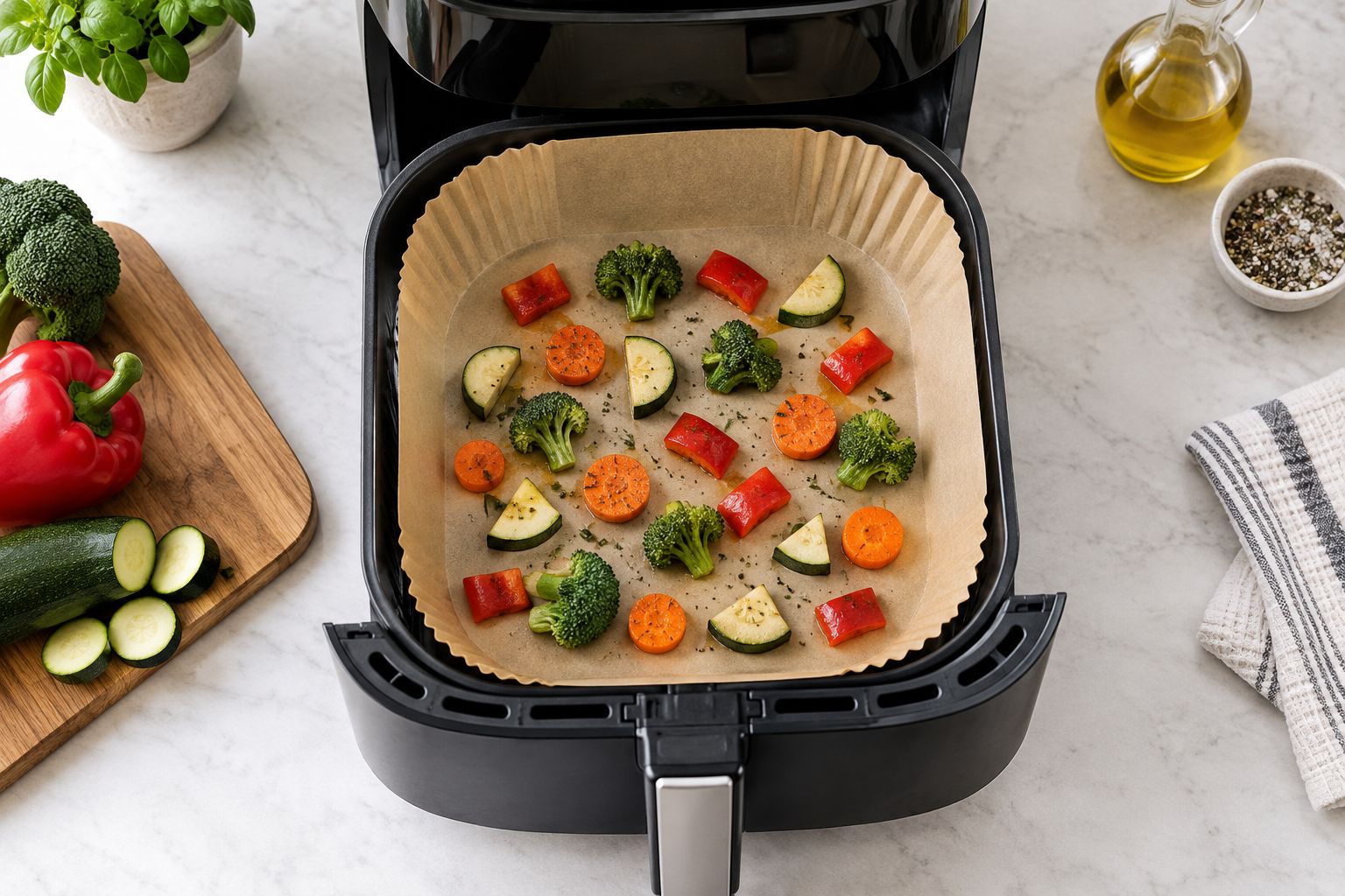 An opened silicone liner in an air fryer basket with vegetables spaced apart.