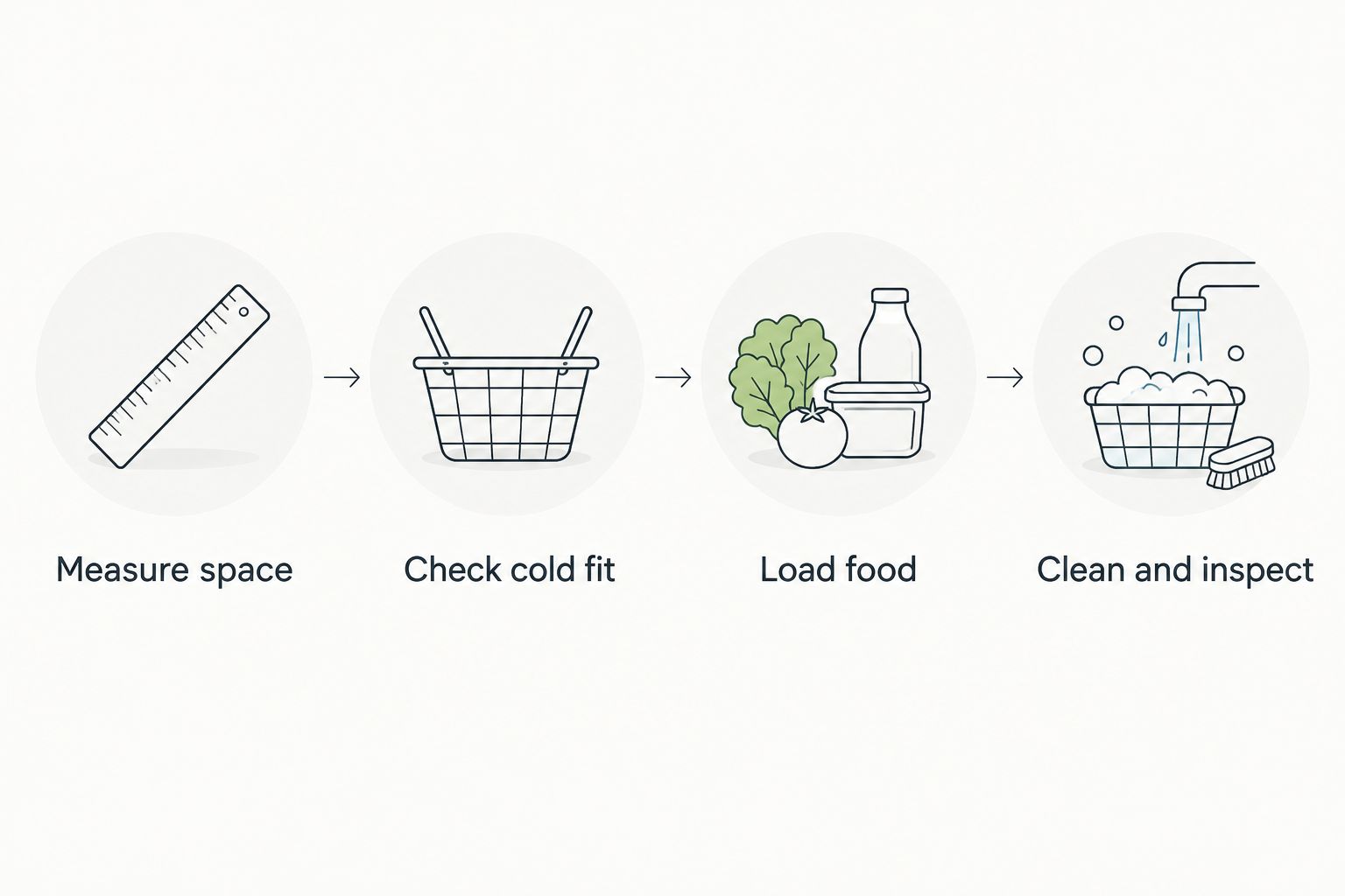 Four stages from measuring the basket to checking fit, loading food and cleaning.