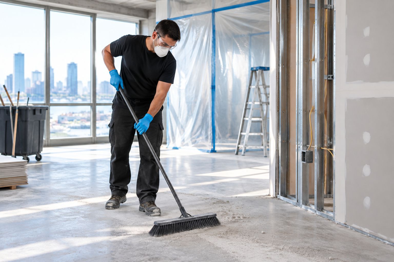 Licensed crew cleaning construction dust in a commercial interior under renovation