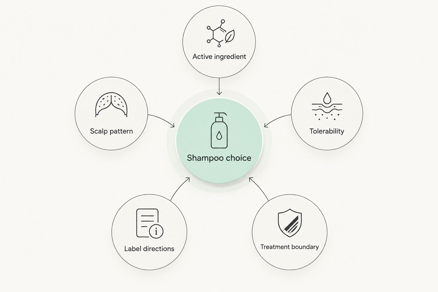 Five criteria for choosing a dandruff shampoo, arranged around a central shampoo-choice hub.