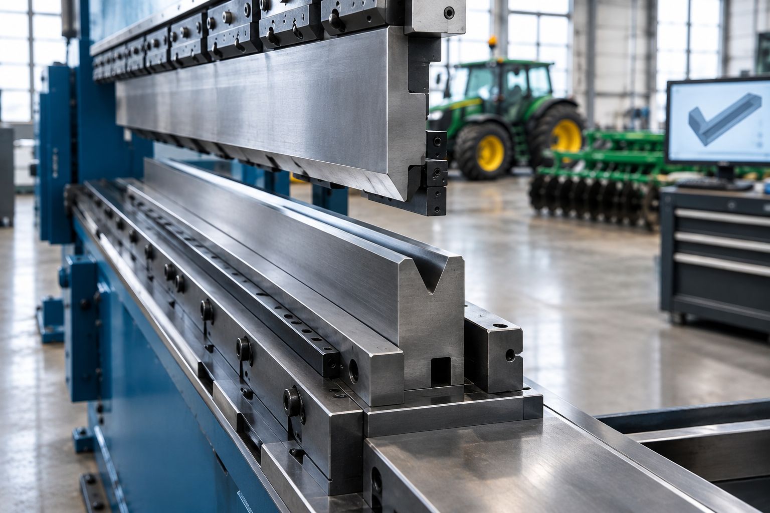 Press brake lower die seated in a holder, showing the clamping interface and die shoulders