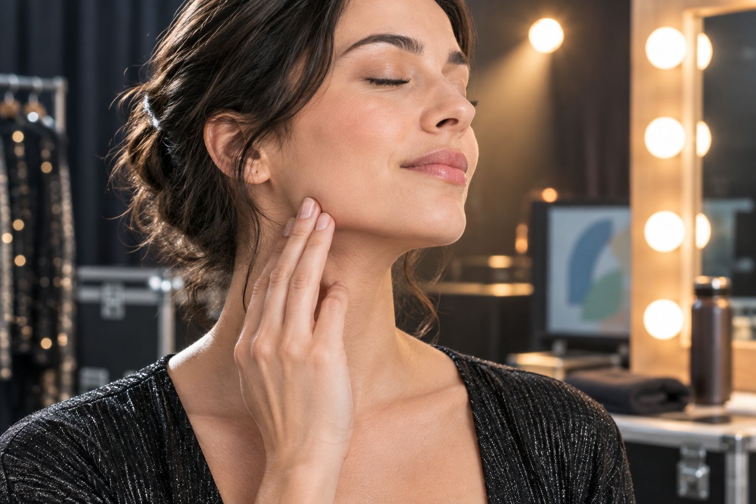 Vocalist stretching the jaw before a performance