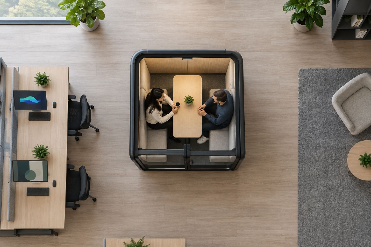 Top-down view of a two-person booth showing its enclosure outline and surrounding office floor