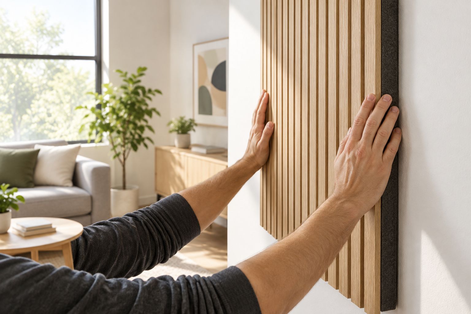 Pose d'un panneau acoustique en bois clair collé sur un mur de salon