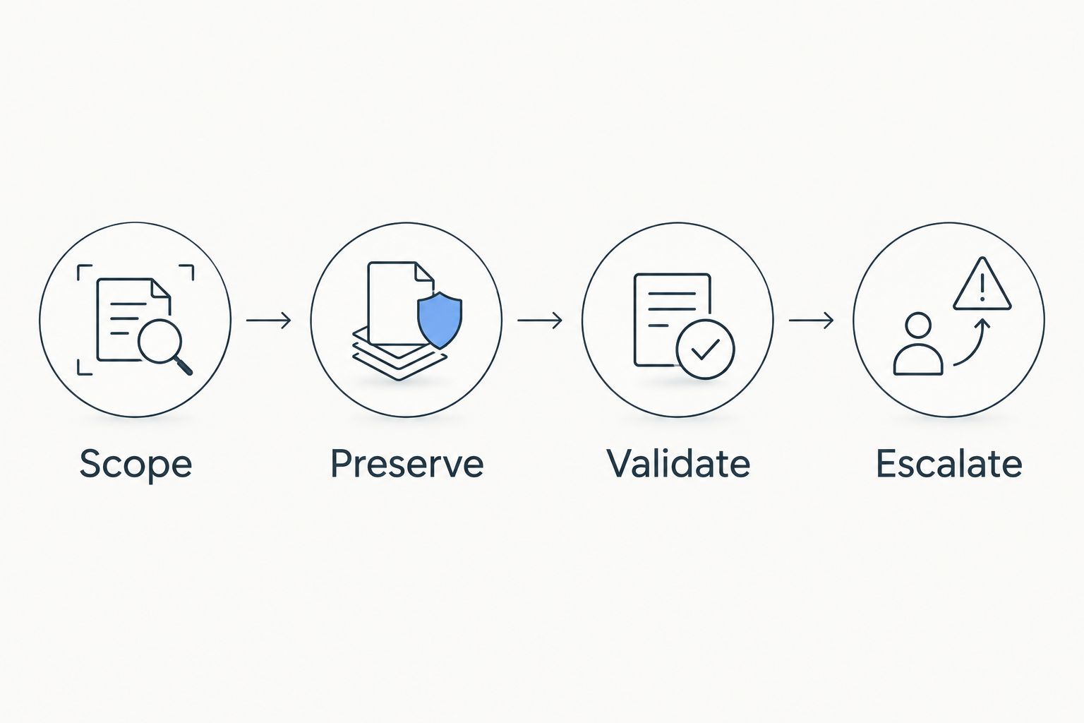 Evaluation sequence from investigative scope through preservation, validation, and escalation