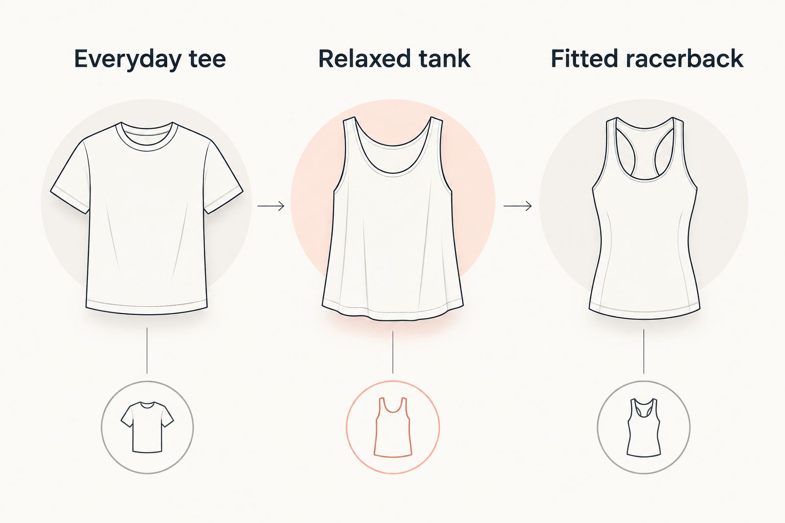 Comparison of an everyday tee, a relaxed tank, and a fitted racerback