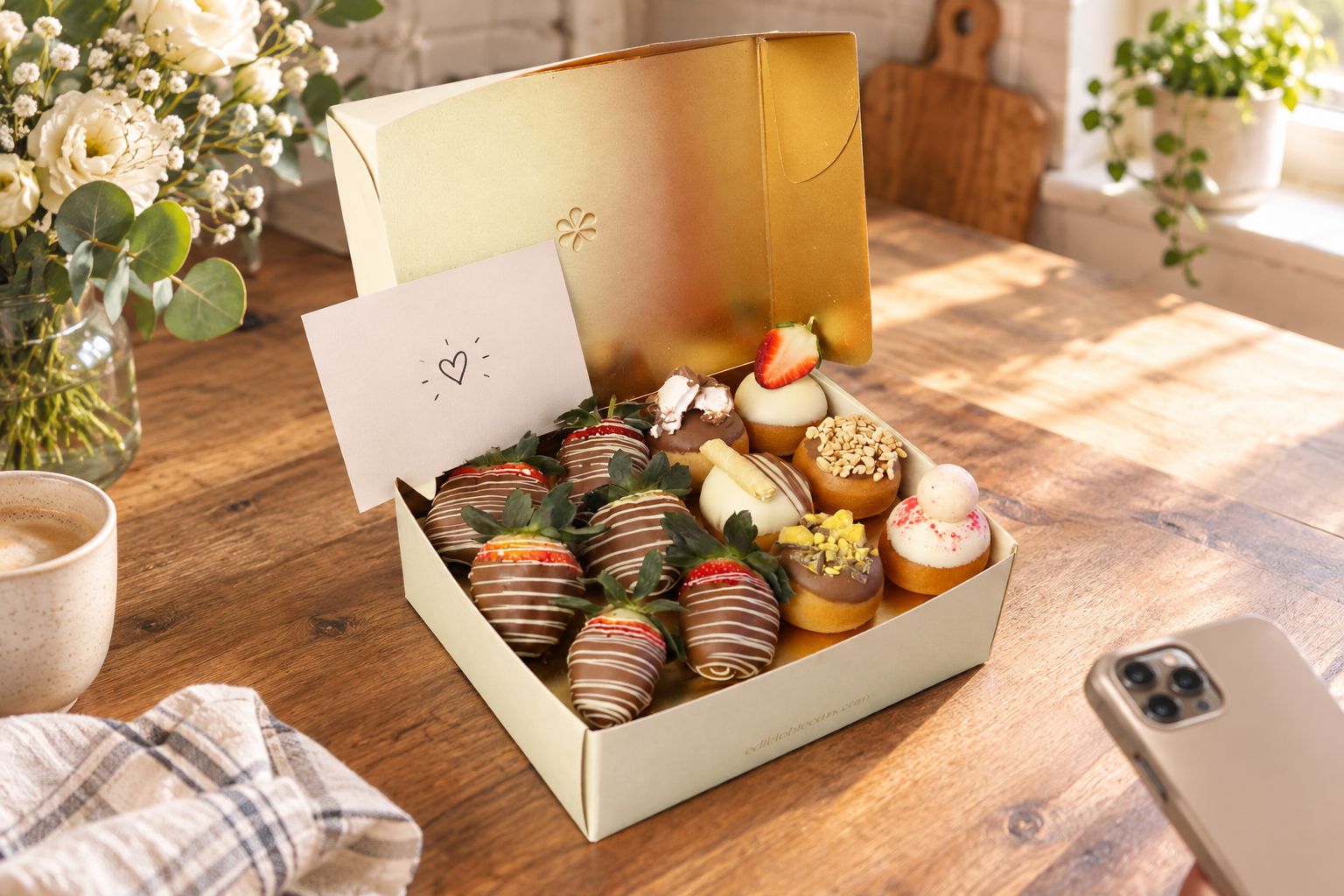 Gourmet donut and strawberry gift box open on a table with a card propped against it