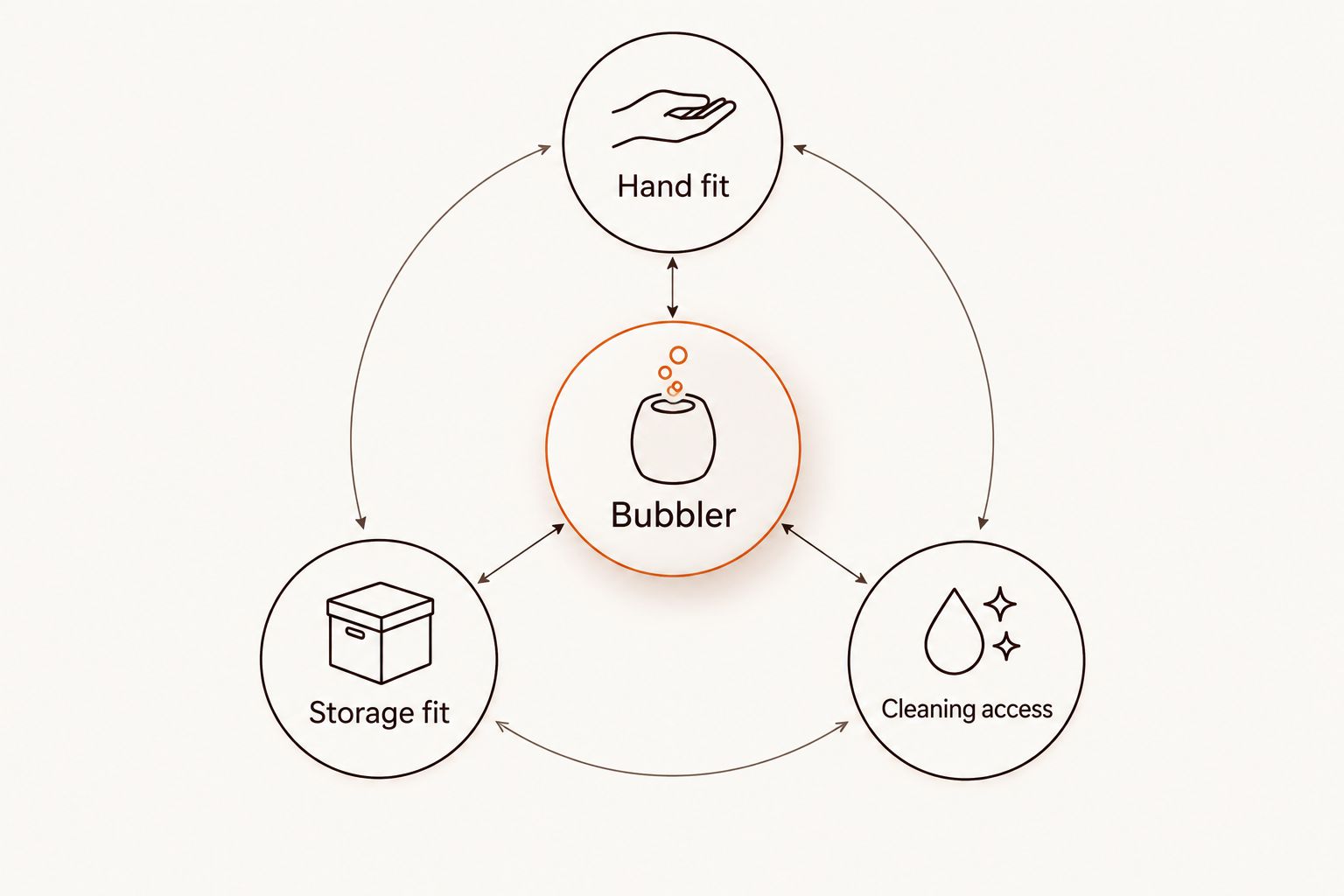 Bubbler buying diagram connecting hand fit, storage fit, and cleaning access