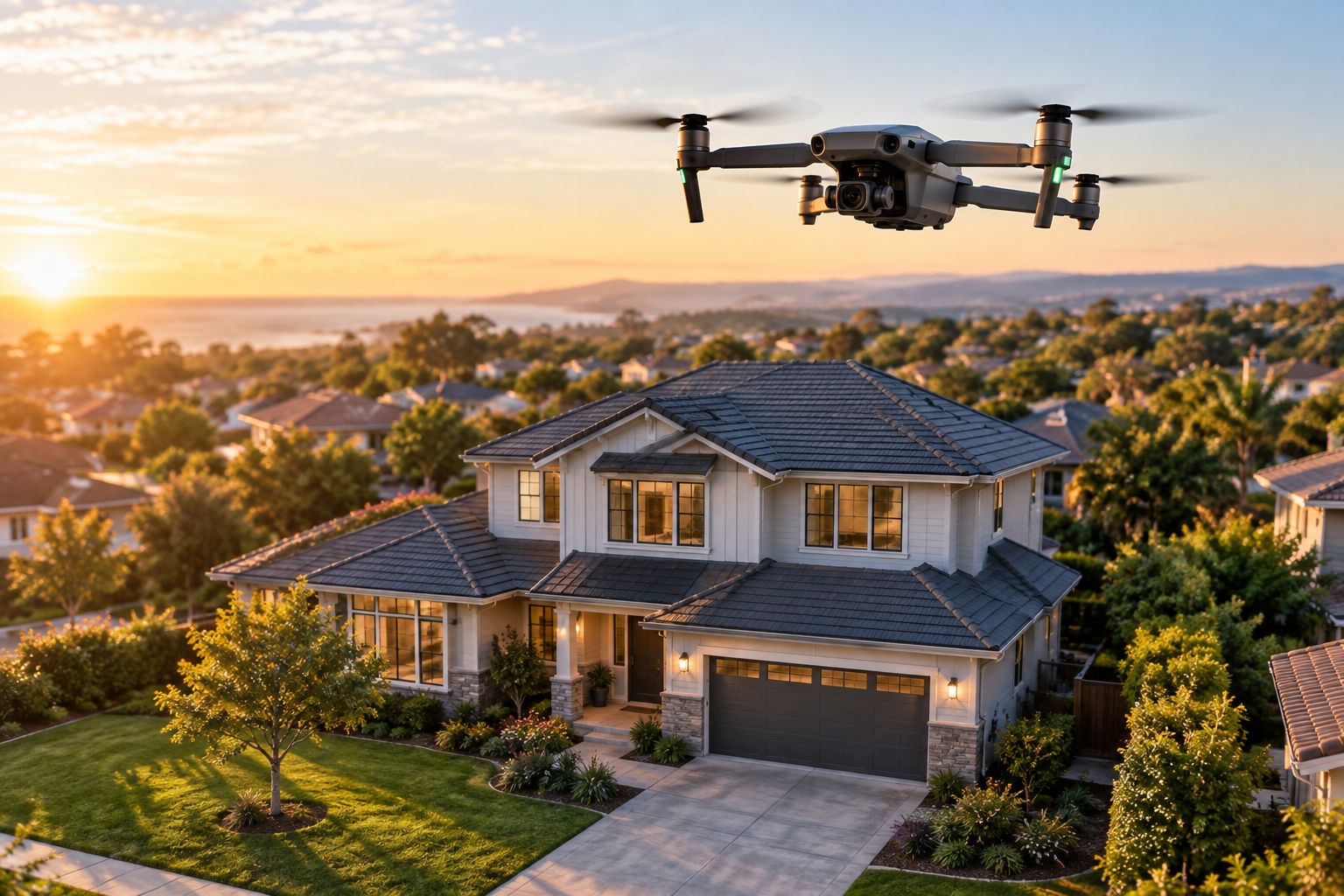 Drone hovering above a suburban house photographing the roofline at golden hour