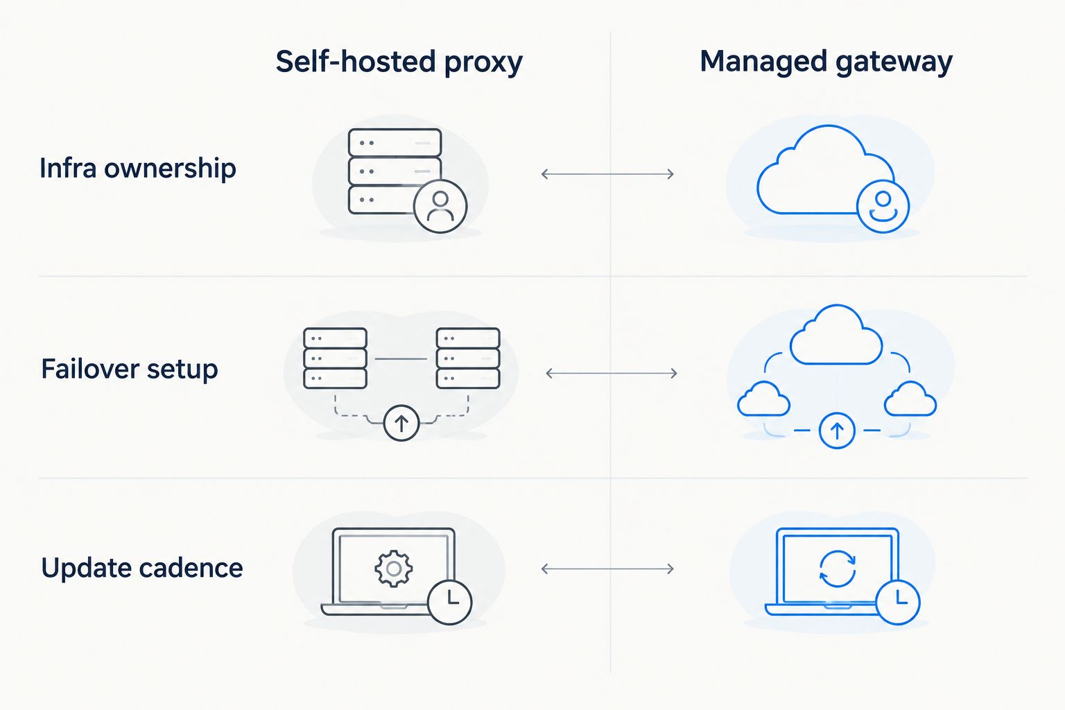 Two column comparison of self-hosted proxy versus managed gateway responsibilities
