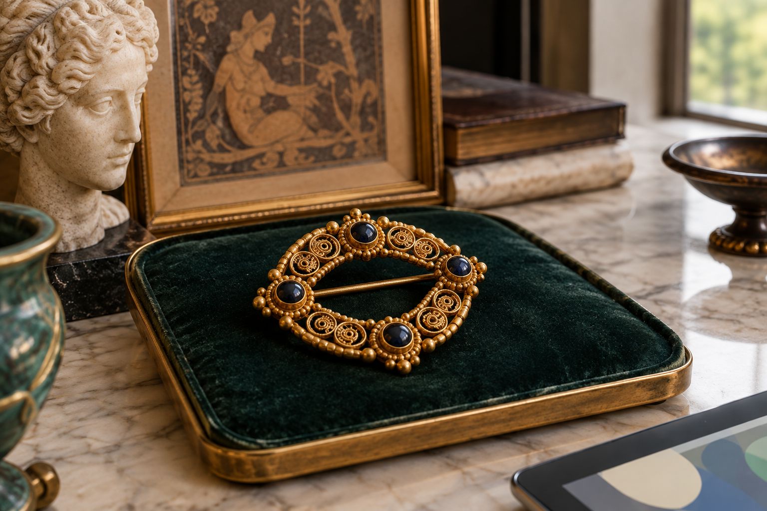 Granulated gold Revival-style brooch on dark velvet