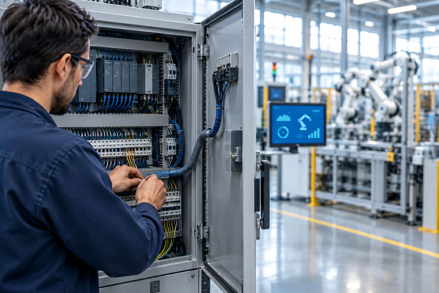 Industrial PLC cabinet with open panel door on a factory floor