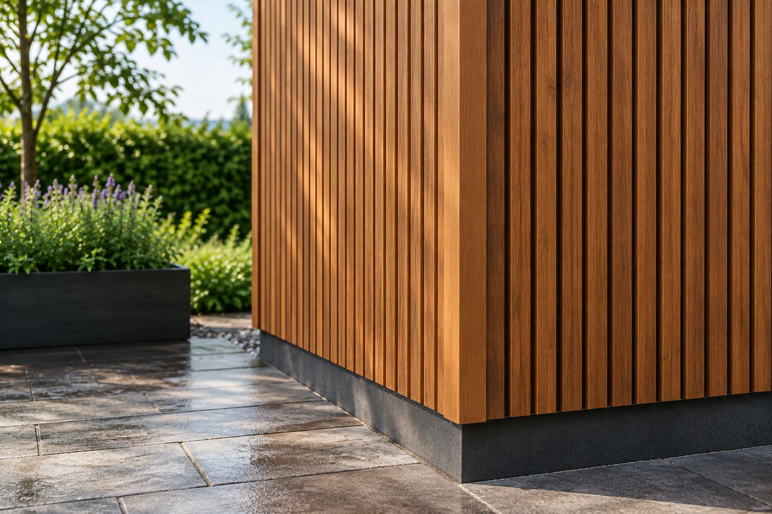 Fluted exterior cladding with corner trim and a lower edge above paving
