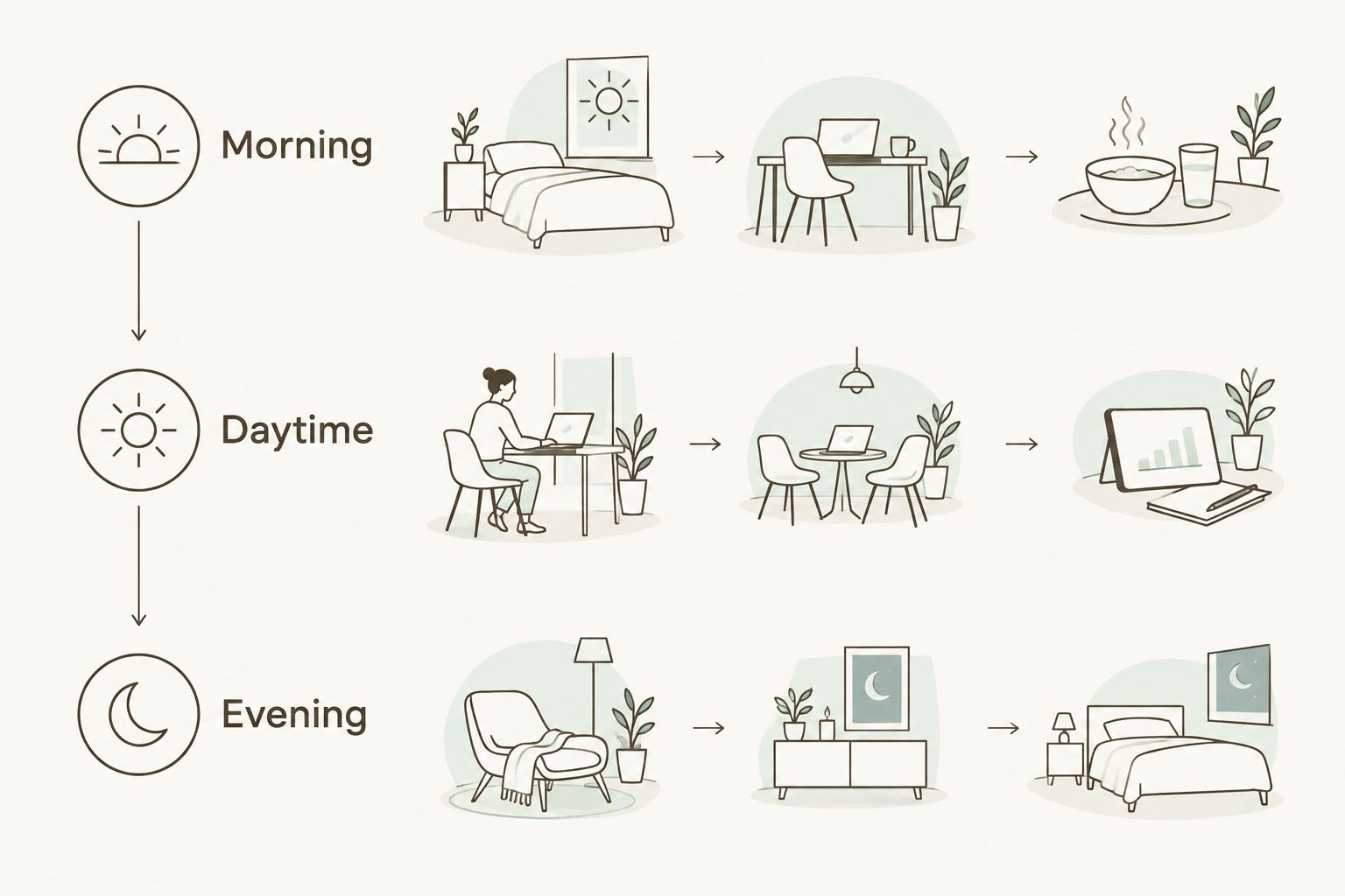 Morning, daytime and evening stages arranged in a daily supplement timeline