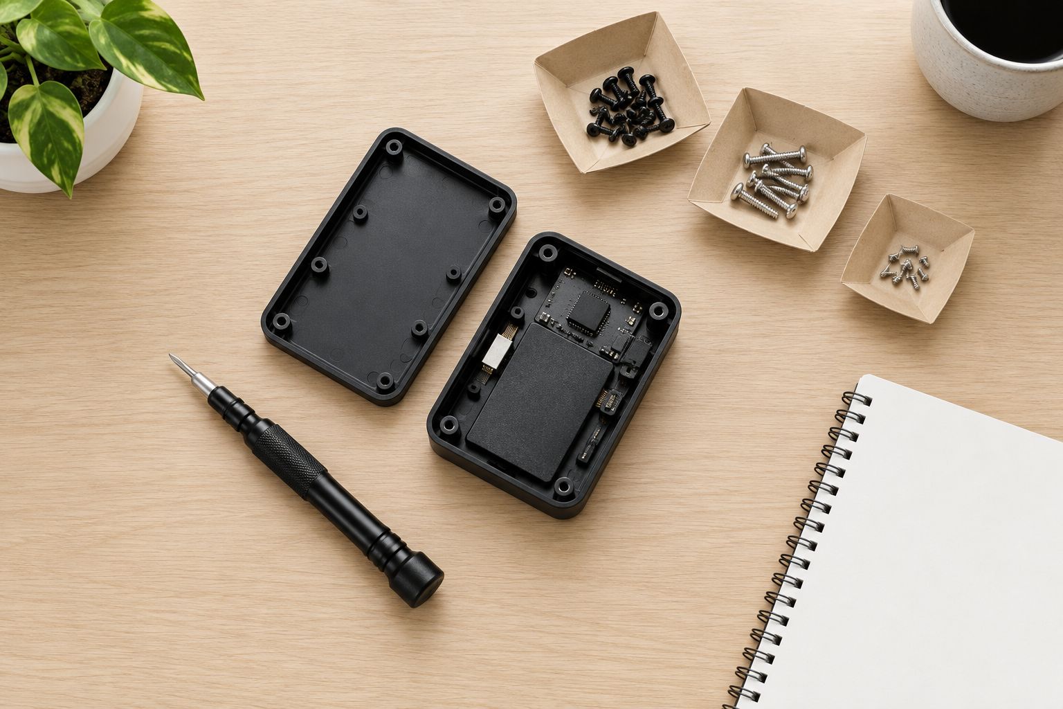 A clear repair workspace with a manual driver and small screws separated into compartments