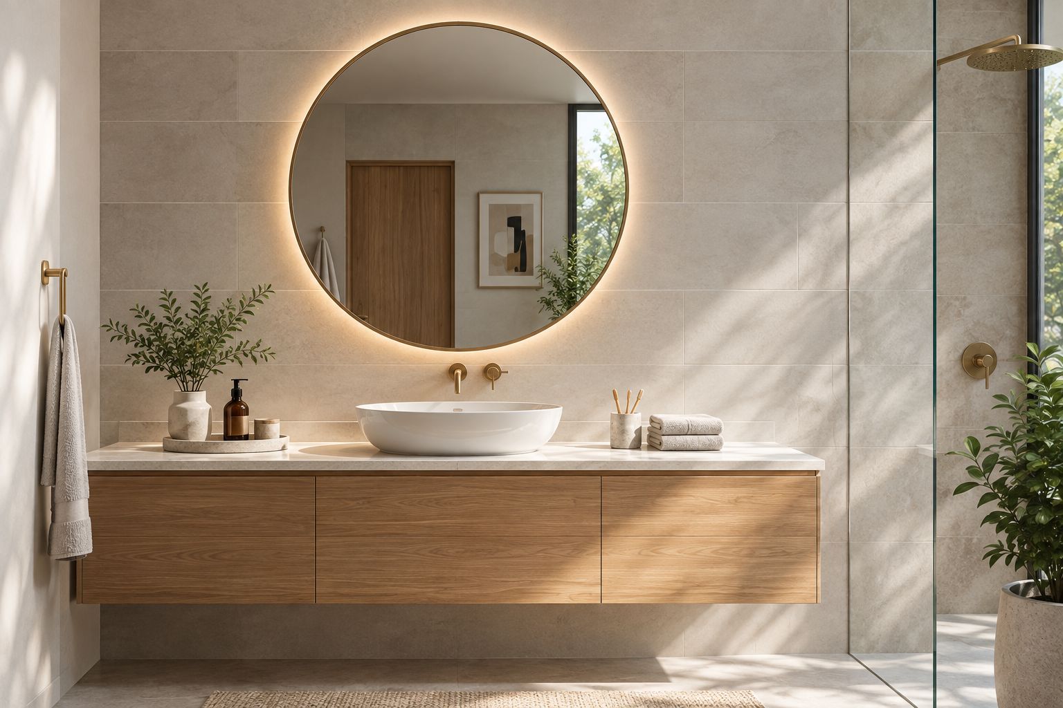 Round framed bathroom mirror contrasting with rectangular tiles and cabinetry
