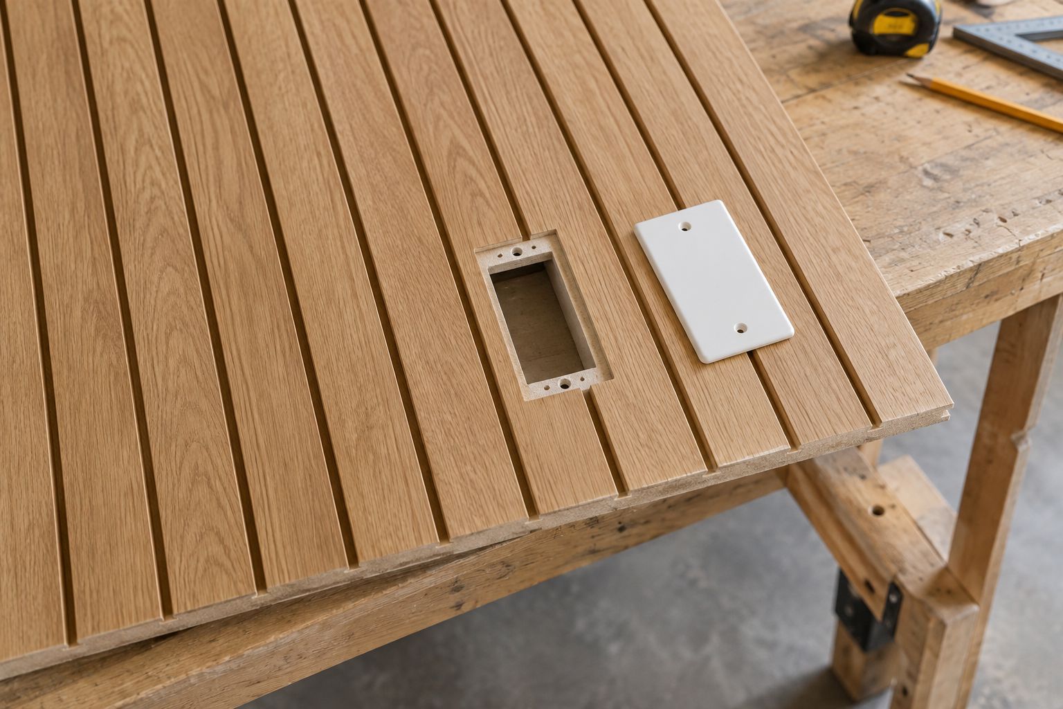 Detached wood slat panel with an outlet opening and a cover plate ready for dry fitting