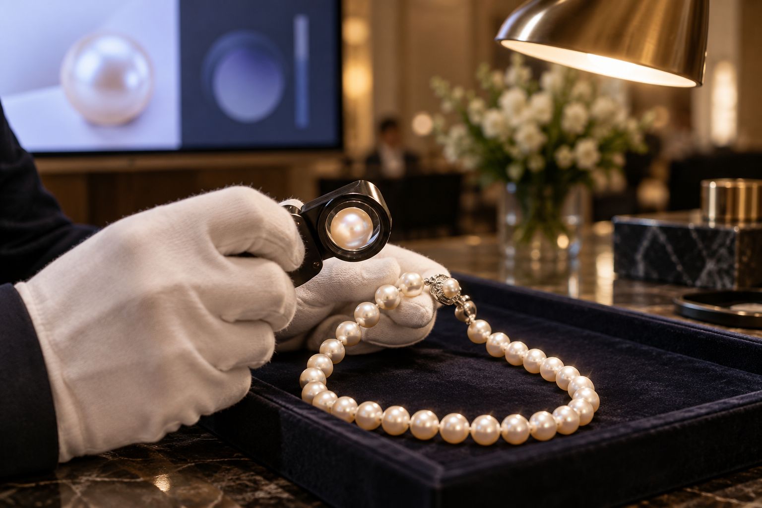 Jeweler inspecting pearl luster and clasp under a loupe