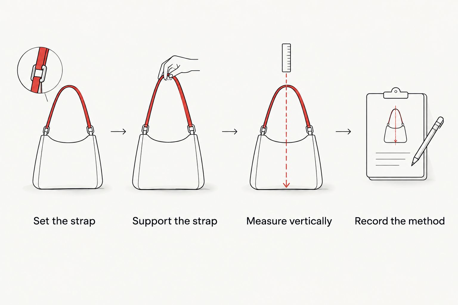 Four steps for setting a shoulder strap and measuring its drop vertically