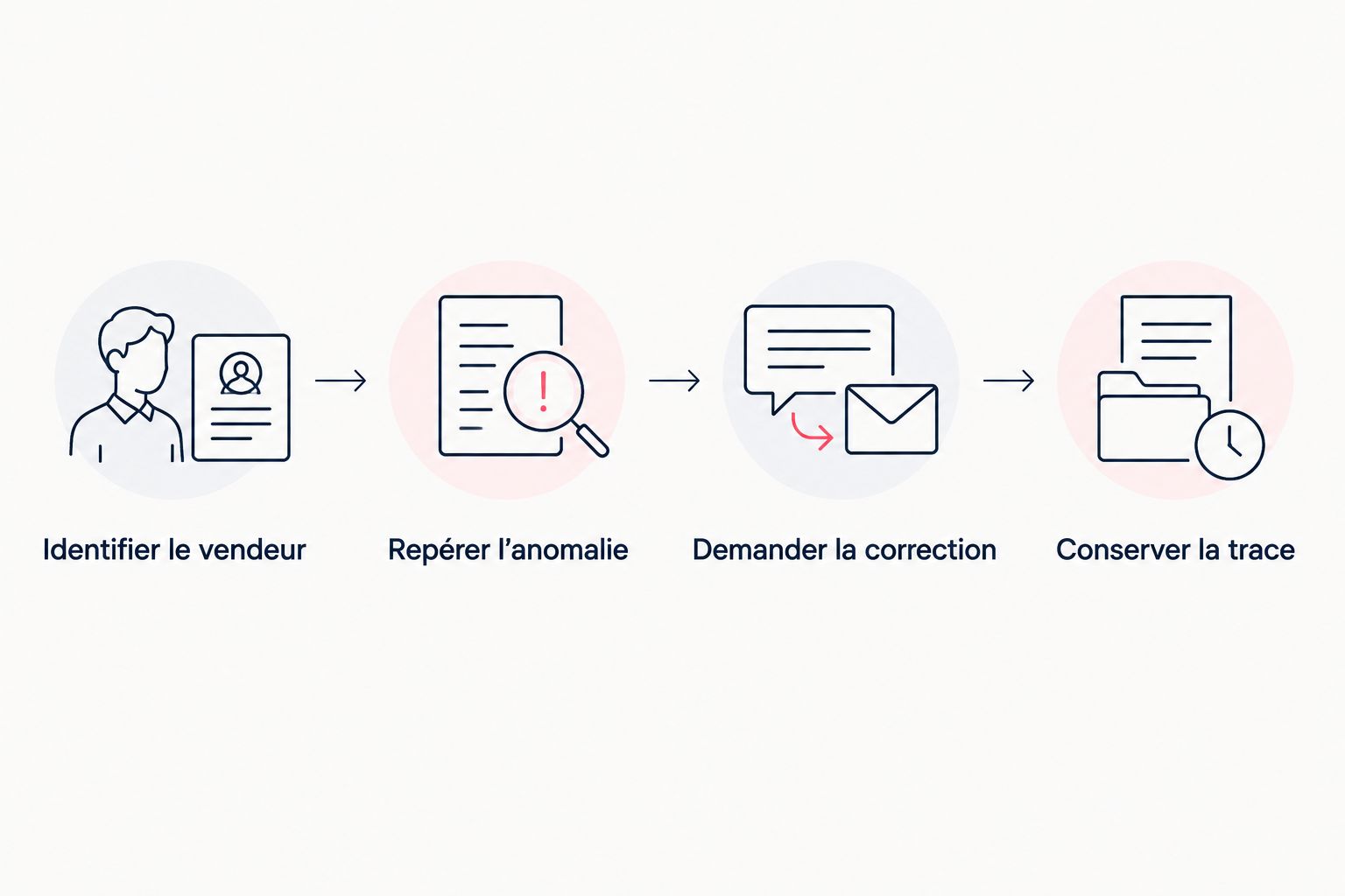 Parcours de contrôle et de correction d’une facture dont l’identification du vendeur est incomplète.