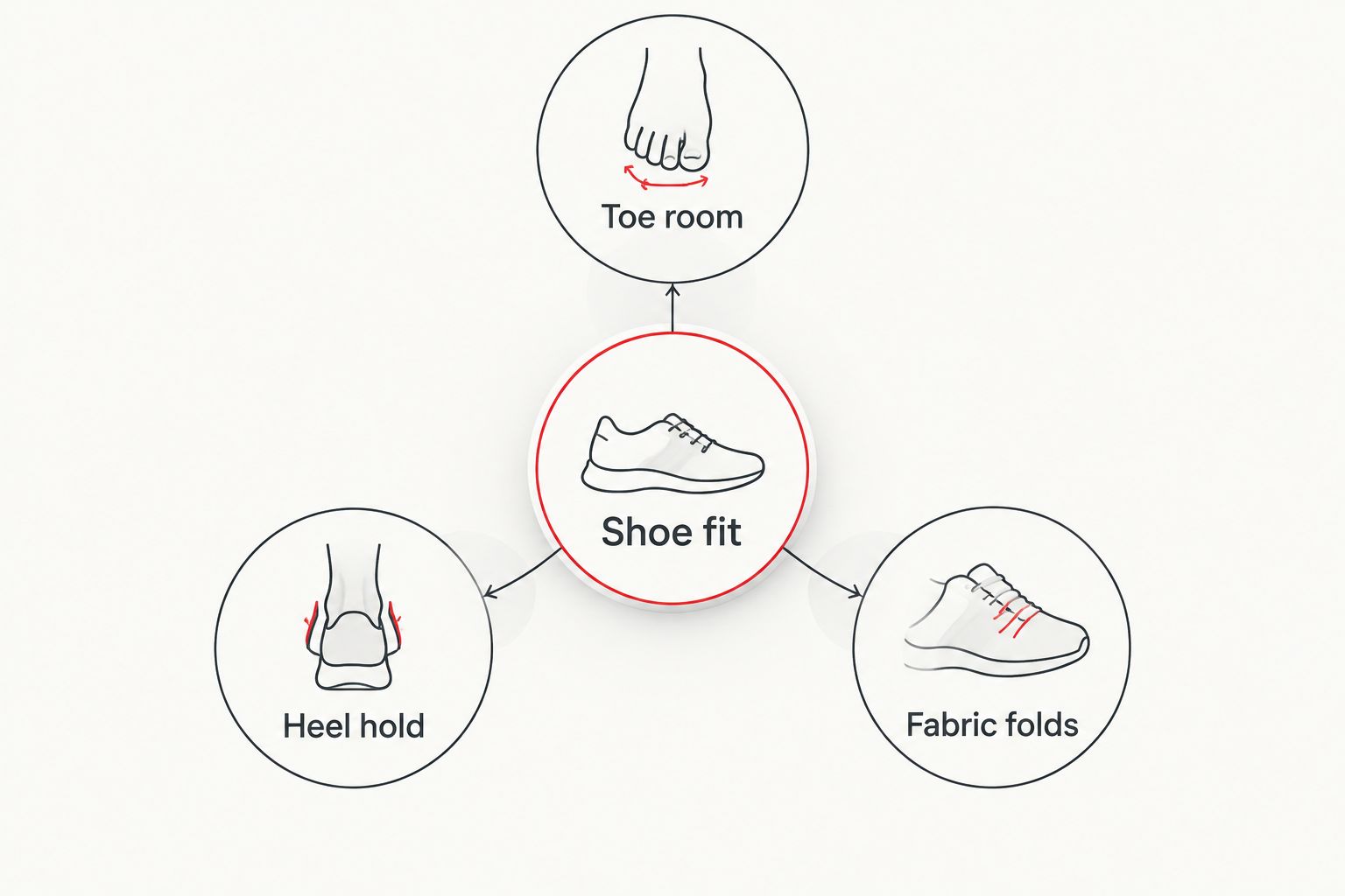 Shoe-fit diagram showing toe room, heel hold and fabric folds